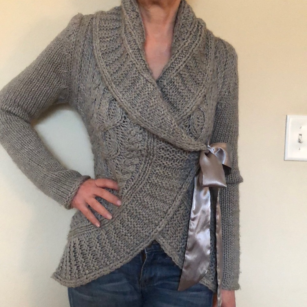 Shawl collar sweater with satin tie closure